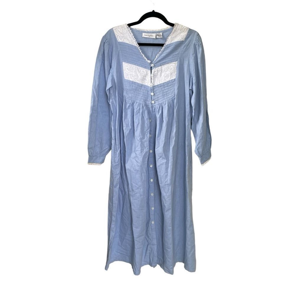 VANITY FAIR Cotton Embroidered Lace Button Front Long Nightgown Pajamas Blue S